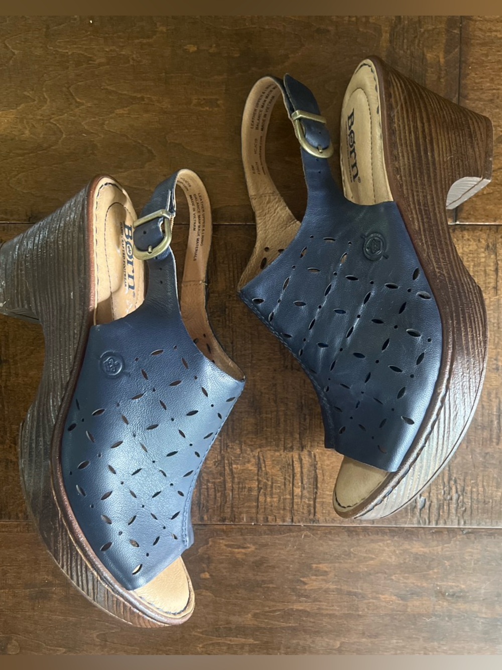 Børn navy blue leather slingback wedge peep toe clog sandals Sz. 6.5